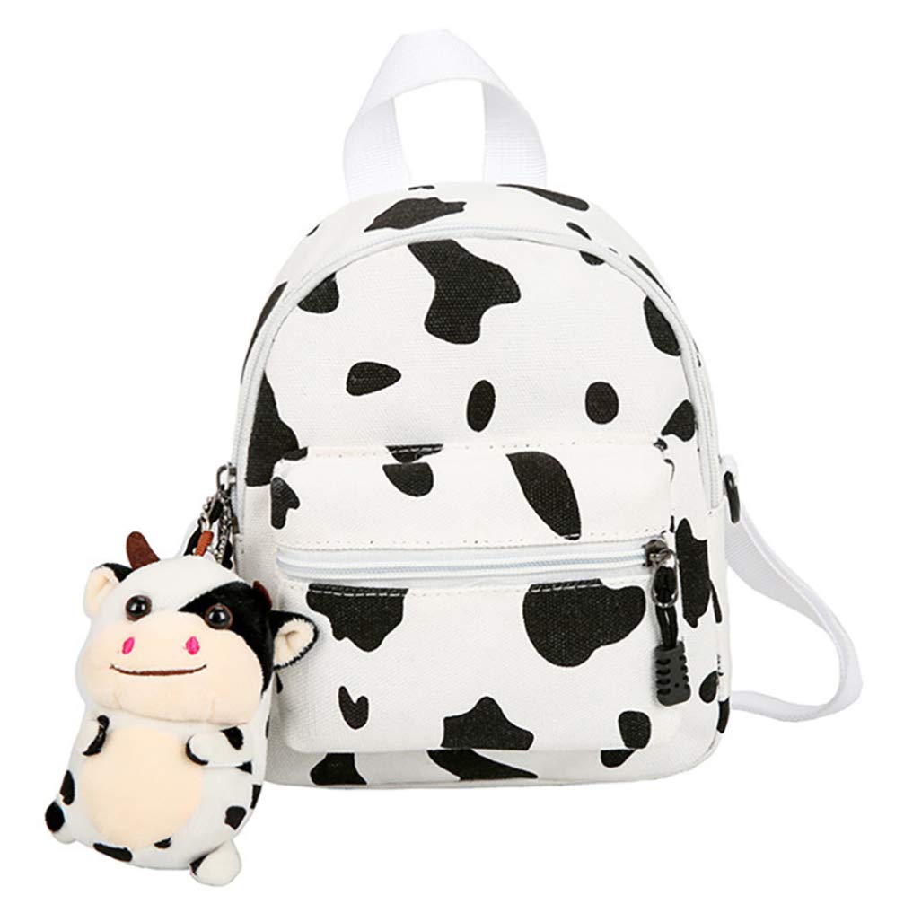 VALICLUD Cow Print Canvas Backpack for Women and Girls Lightweight Casual Daypack with Multiple Pockets and Plush Keychain for Travel School
