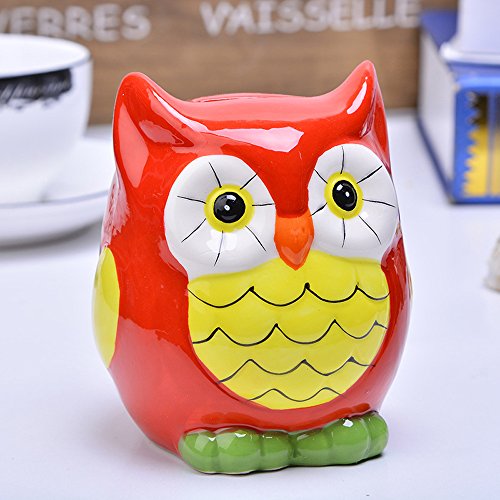 ToiM Owl Shape Cute Cartoon Money Box Resin Piggy Bank Jar Money Coin Bank Room Ornaments House Accessory (Red)