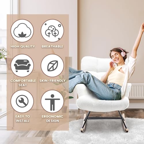 SAETSFEG Rocking Chair Nursery Teddy Upholstered Glider Rocker Chair Padded Seat with High Backrest Armchair Comfy Nursing Chair Indoor for Living Room Bedroom, White