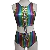 Pinda Holographic Rainbow Hight Waisted Laced Up Rave Crop Top Shorts