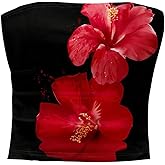 RoseSeek Women's Y2K Floral Tube Top Sleeveless Crop Strapless Tops Slim Fit Hibiscus Bandeau Top