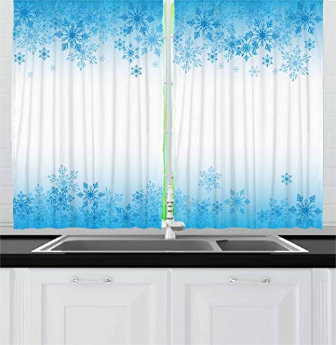 Ambesonne Winter Kitchen Curtains, Abstract Ornaments Snowflakes Cold Weather Season Frozen Water Illustration, Window Drapes 2 Panel Set for Kitchen Cafe Decor, 55" X 39", Sky Blue