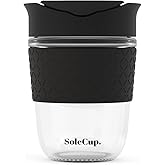 SoleCup. - Reusable Strengthened Glass Travel Cup - Spill Proof Insulated Coffee Mug - 12oz/340ml BPA-Free Hot Drink Travel Mug with Lid & Silicone Band (Black, 12oz)