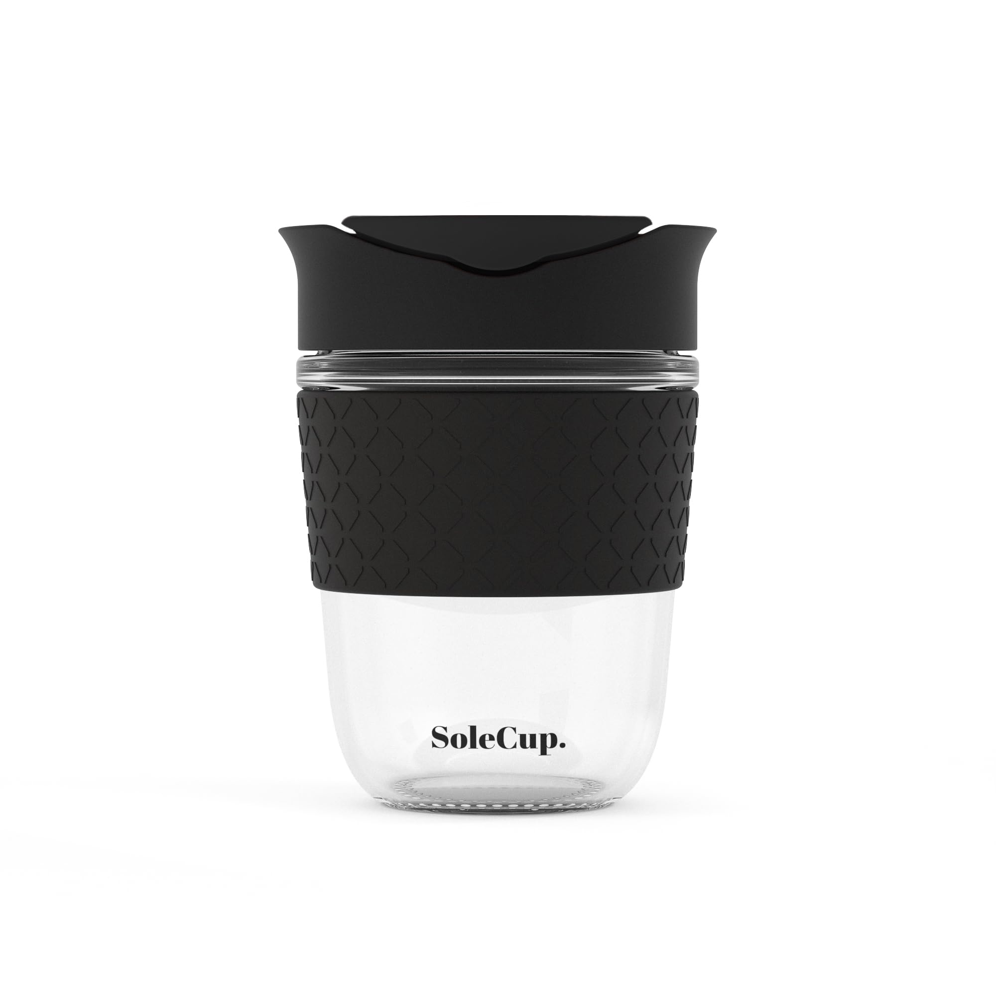 SoleCup. - Reusable Strengthened Glass Travel Cup - Spill Proof Coffee Mug - 12oz/340ml BPA-Free Hot Drink Travel Mug with Lid & Silicone Band (Black, 12oz / 340ml)