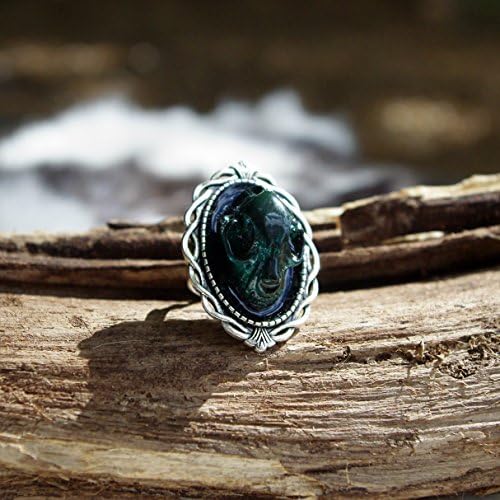 Cat Skull Ring - Handmade Resin Skull Ring - Dark Green and Silver