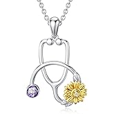 PROESS Stethoscope Necklace with Sunflower Birthstone Necklace for Women S925 Sterling Silver Medical Doctor Nurse Pendant Jewelry Gift for Nurse Women