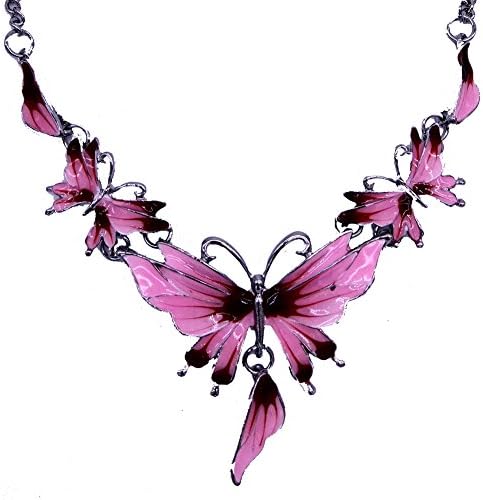 Girl Era Excellent 3D Enamel Butterfly V Pendant Collar Jewelry Bib Necklace Stud Earrings Set(pink)