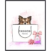 Glam Dog Wall Art for Girls - Chihuahua Fashion Paris Pink Print 8x10 | Unframed 8x10, watercolor chihuahua in shopping bag, Paris perfume bottle, peony blooms, pink &amp; black