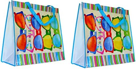 ReBagMe™ 2 Pack Extra Large Very Strong Reusable Grocery Bag - Laminated Recycled Shopper Tote- Great Waterproof Beach Bag ( Sunglasses)
