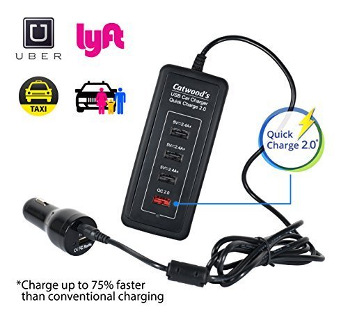 Catwoods 5-Port 52W Smart Car Charger Kit for Uber, Lyft, Limo, Taxi Cab and Family use, Back Seat & Front side Charging, QC2.0 port, Double-sided USB Sockets, one 4 ft QC2.0 enabled MicroUSB Cable
