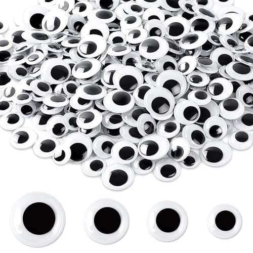 UPINS 300 Pcs Round Plastic Black Googly Wiggle Eyes Self-Adhesive Large Size 15 mm 18 mm 20 mm 25 mm