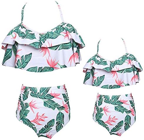 2Pcs Mommy and Me Matching Family Swimsuit Ruffle Women Swimwear Kids Children Toddler Bikini Bathing Suit Beachwear Sets