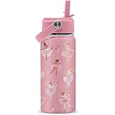 ROVOZAR Ballet Water Bottle for Girls - 16oz Dance Stainless Steel Water Bottle with Straw - Cute Dancer Insulated Cup - Pink Ballerina Kids Tumbler for School, Sports, Travel
