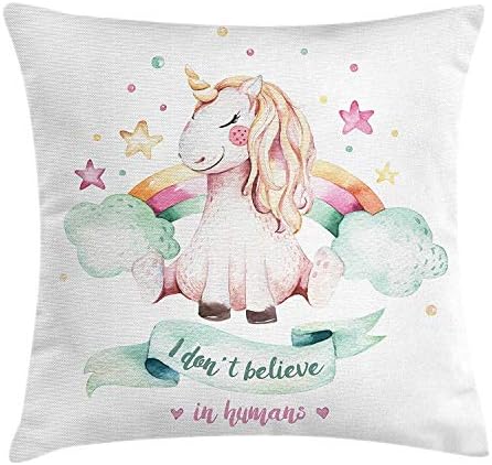 Dweobolufz Fantasy Throw Pillow Cushion Cover, I Don't Believe in Humans Unicorn Message to People Stars Birthday Watercolor Art,Customized Zippered Square Throw Pillow Case 18 x 18 inch, Multicolor
