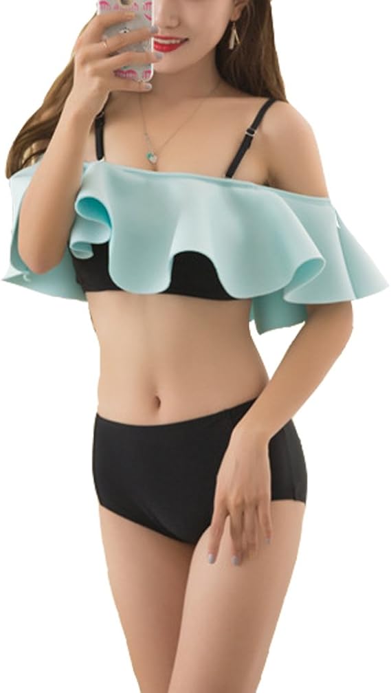 Amazon Moyaya 水着 レディース ビキニ 上下セット 可愛い オフショルダー フリル 体型カバー L 水色 ビキニ セパレーツ 通販