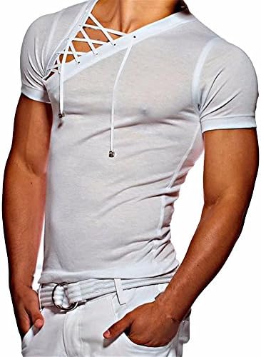 Men's Pure Slim Short Sleeve Bandage Lace-up Pullover Shirts
