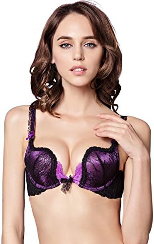 Rose Lady Women's Sexy Lace Bra 84106 U-shaped Push-up Deep Plunge Bra (US:34A, Black/Purple)