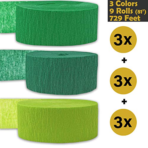 Crepe Party Streamers, 9 rolls, 3 Colors, 739 ft - Emerald Green + Forest Green + Lime Green - 243' per color (3 rolls per color, 81 foot each roll) - For party Decorations and Crafts - Flame Resistant, Bleed Resistant, Made in USA