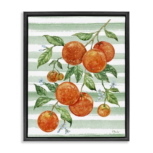 Stupell Industries Juicy Orange Vine & Stripes Black Framed Floater Canvas Wall…