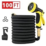 Healon Garden Hose 100 ft Expandable with 3/4 Solid Brass Connectors Fittings, Valve, 10 Pattern Spray Nozzle, Durable Latex Core