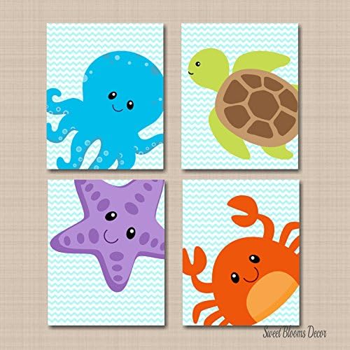 Sea Animals Nursery Wall Art Under the Sea Décor Sea Animals Bathroom Ocean Nursery Turtle Octopus Star Fish Crab UNFRAMED 4 PRINTS (NOT CANVAS) C512