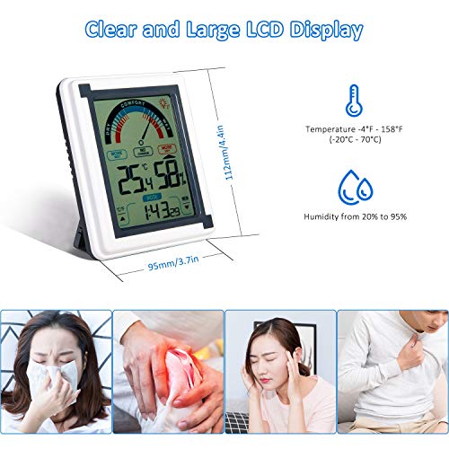Zeonetak Digital Hygrometer Indoor Thermometer, Indoor Humidity Gauge Indicator for Baby Room Home Office Kitchen Greenhouse with Touch LED Screen Wireless Time Display