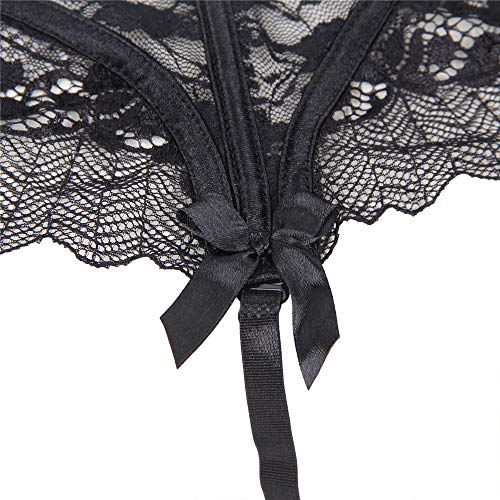 comeondear Women Lace Suspender Garter Belt Plus Size Lingerie with G-String for Thigh High Stockings Black