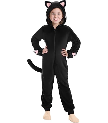 Kids Black Cat Costume - One-Piece Fleece Jumpsuit With Tail For Boys & Girls