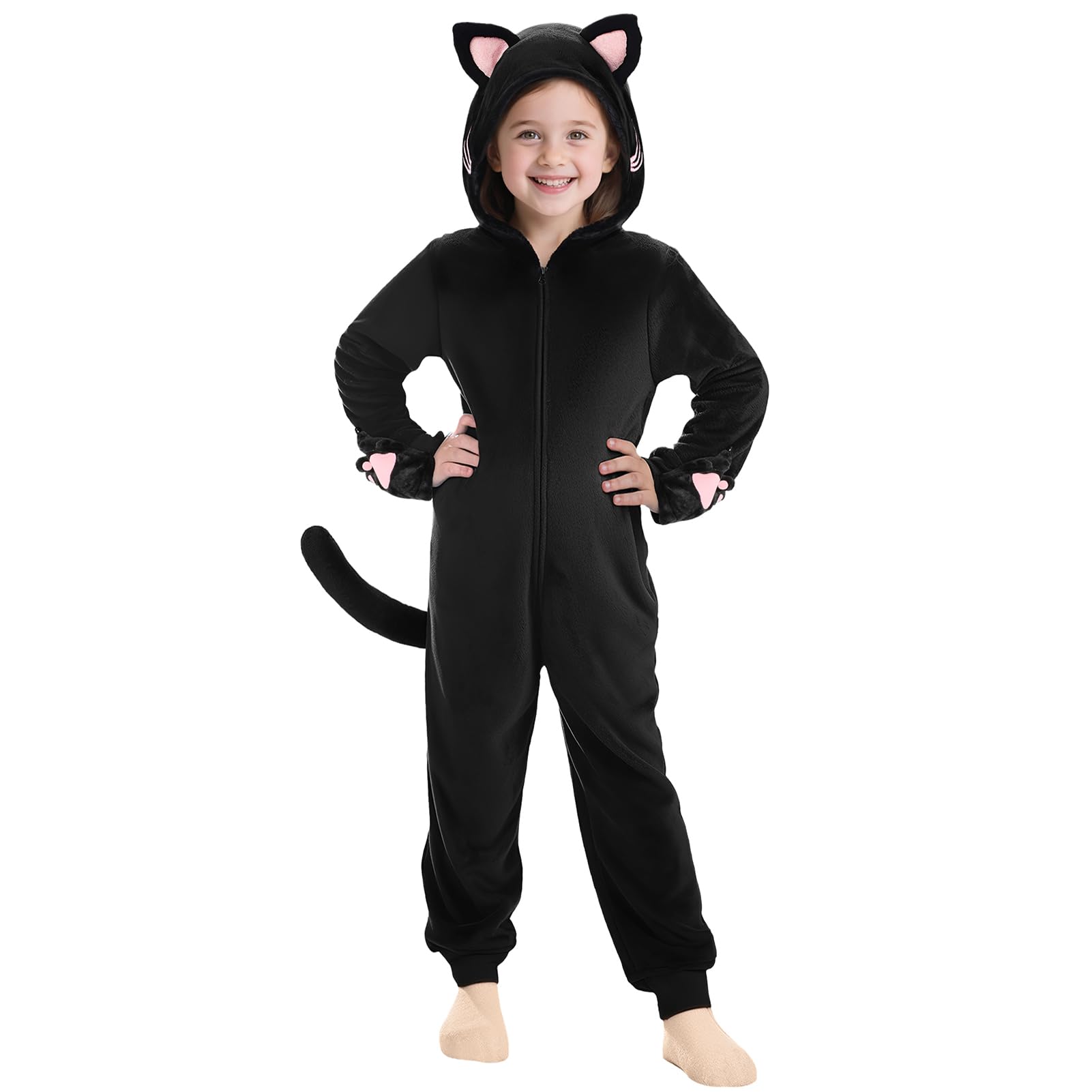 Photo 1 of Joycover Cat Costume For Girls, Black Cat Costume For Girls Kids Dress Up, Onesie Cat Noir Costume, Role Play Halloween Costumes For Kids Aged 5-6, Size S