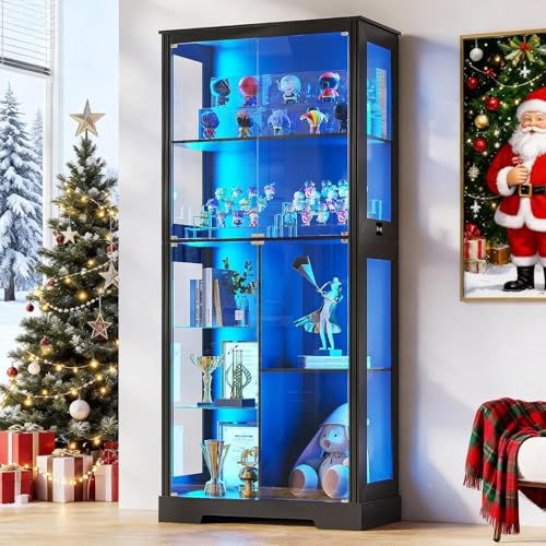 180 cm Display Cabinet with Glass Doors, Modern Curio Cabinet with 3 Color Lights, 7-Tiers Glass Display Cases for Collectibles, Tall Lego Storage Cabinet with Human Body Sensor (Black)