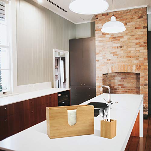 Bamboo Paper Towel Dispenser for Bathroom Decor - C-fold Wall Mounted Countertop Paper Holder with Bamboo Utensil Holder