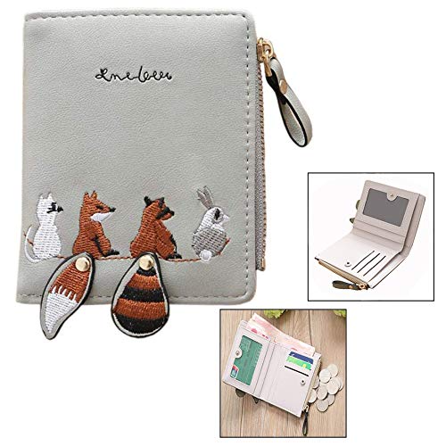 LHKJ Mini PU Leder Damen Portemonnaie,Kleine Brieftasche Münze Tasche mit Kurz Reißverschluss(Grau)