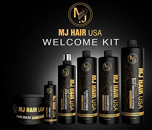 MJ Hair Welcome Kit, Keratin Treatment & After Care Set (Silky Smoothing System Treatment-Shampoo-Conditioner-Leave In Conditioner -Hair Mask - Shiny Silk Oil)
