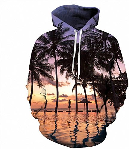 Solpai Unisex 3D Digital Printed Graphic Pullover Hooded Sweatshirts Sweatshirts Men women 3d Hoody Print Nightfall Seaside Coconut Trees Hooded Hoodies A L