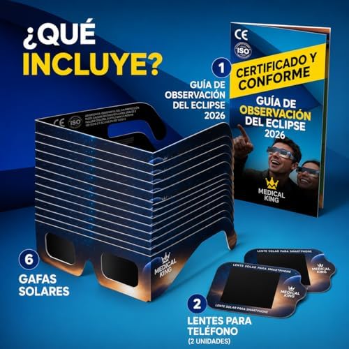 6 Gafas Eclipse Solar Homologadas ISO 12312-2 - Paquete de 6 Con 2 Lentes Fotográficos Para Smartphone Aprobados según la norma ISO, con certificación CE: Gafas para ver eclipses solar 2026