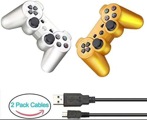 YOUCable Wireless PS3 Controller Remote Dualshock Bluetooth Gamepad with 2 Packs Charger Cable (Silver+Gold)