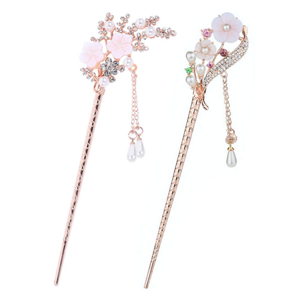 Lurrose 2pcs Chinese Hair Sticks with Tassel, Vintage Pearl Flower Pin Retro Tassel Chignon Chopsticks Hanfu Bun Updo Holders for Women Girls