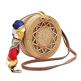 YOUNG-X Crossbody round Straw bag,Women Weave Handmade Rattan Shoulder Leather Straps Summer Beach
