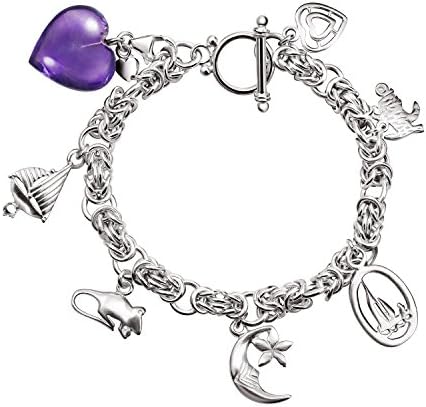 Franki Baker Sterling Silver Charm Bracelet with Amethyst Gemstone Heart Charm. Edinburgh Assay Mark.