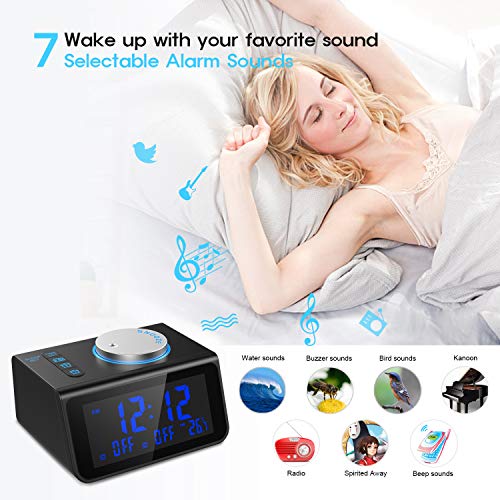 LATME-Alarm-Clock-Radio-for-Heavy-Sleepers W Dual Alarms,3.2'' Digital Display and Dimmer,7 Alarm Sounds,Snooze,2 USB Ports,Bedside FM Radio Clocks with Temp for Bedrooms/Kitchen/Office (Black-Blue)