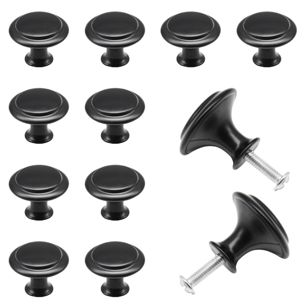 Hocansen 12 PCS Metal Round Drawer Knob 27mm Pull Handle with Screws Single Hole Round Drawer Handles Black Mushroom Knobs for Drawer,Cabinet and Dresser(Black/27mm/LS-YX)