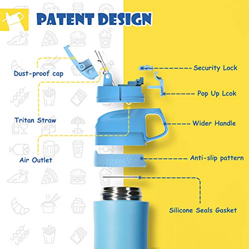 FJbottle 14 oz Kids Insulated Stainless Steel Water Bottle with Straw Lid and Silicone Protective Cover, New Anti-Colic with AirFree Vent Technology Patent Design Care for Kids, BPA Free, Sky Blue