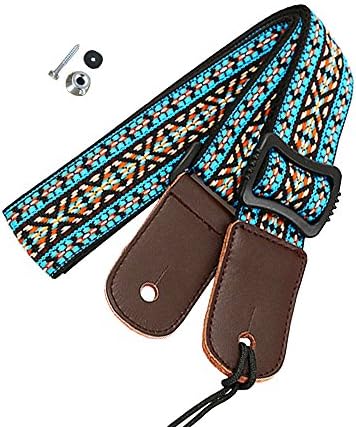 JYFY Ukulele Strap Country Style Soft Cotton Linen Genuine Leather Ukulele Shoulder Strap (blue)