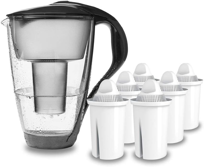 PearlCo - Glas-Wasserfilter (anthrazit) mit 6 classic Filterkartuschen - passt zu Brita Classic