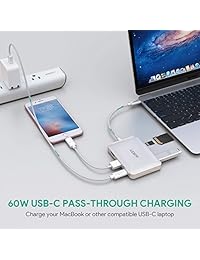 Aukey USB C Hub con HDMI, SD y lector de tarjetas MicroSD, puerto de 3 puertos USB 3.0, Type C entrega de potencia para MacBook Pro,  Chromebook y más Plateado