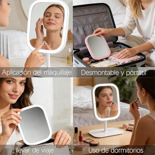 GUZHUANG Espejopara Maquillaje，con Lupa 5X ，Luces Tricolor Maquillaje con Luces，Interruptor Táctil，Portátil Espejos con Luz，Rotación de 360 Grados，con Bandeja Espejo con Aumento Y Luz (Blanco)