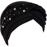 Women Girls Turban Hat, Rhinestone Pearl Braid Turban Head Wrap Baggy Slouchy Beanie Chemo Cap Headwear Hair Wrap