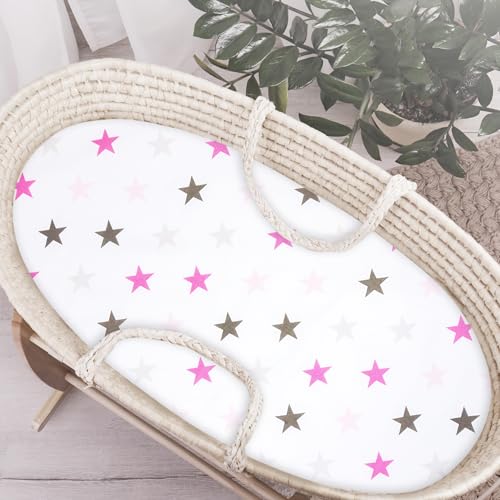 Baby Comfort 100% Cotton Oval Shape Sheet fits Moses Basket Mattress (Pink Stars)