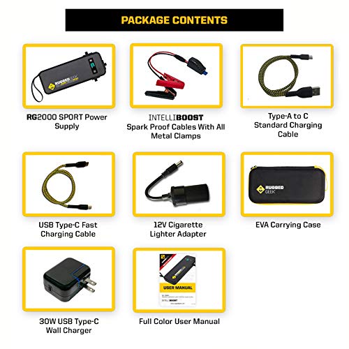 Rugged Geek RG2000 SPORT 2000A Portable 12V Jump Starter/Booster Pack and Power Supply with LED Display, INTELLIBOOST Smart Cables, LED Flashlight, 60W USB Type-C Charging. IP66 Rated.