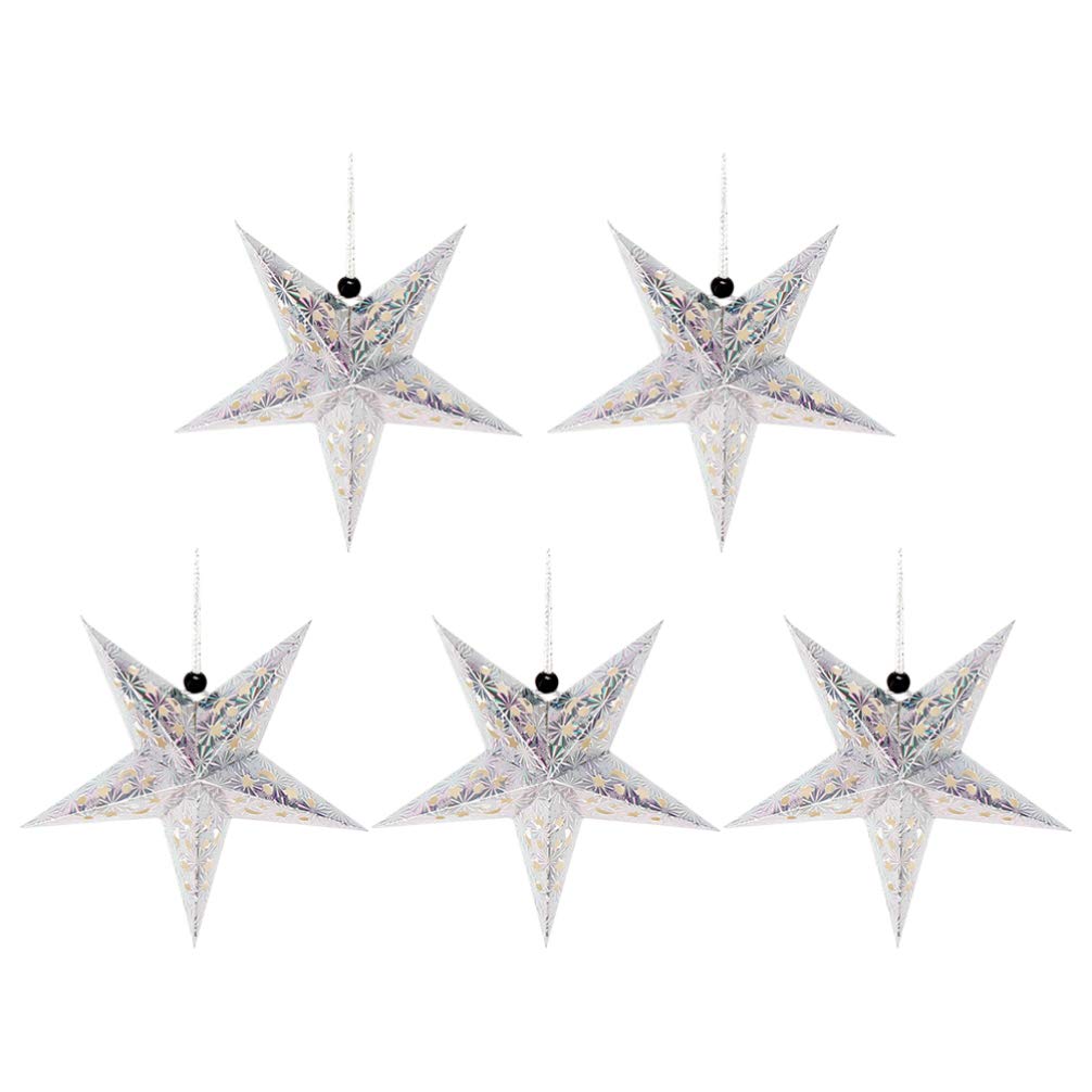 5pcs 45cm Silver Glitter Christmas Paper Star Lantern Lampshade Snowflake Ceiling Lampshade Paper Folding for Wedding Party Home Store Festival